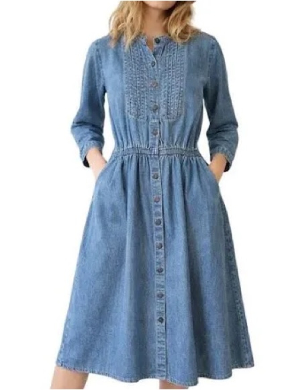 Orvis Indigo Button-Front Midi Dress Long Sleeve Sz S|M Vintage Denim Dress